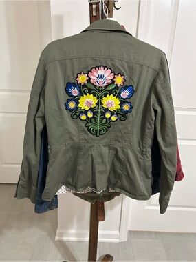 H&M Upcycled Olive Green Jean Jacket with Colorful Floral Patch. Medium